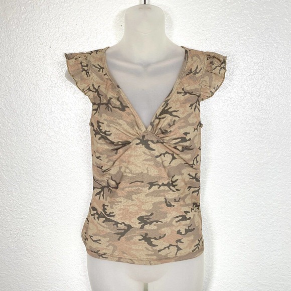 No Boundaries Y2K Top Womens Medium Juniors Camo Semi Sheer V Neck 2000s Blouse - Picture 1 of 8